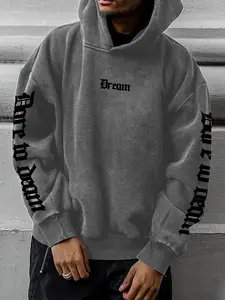Men's Letter Print Dye Hoodie, Casual Loose Long Sleeve Hooded Sweatshirt for Fall & Winter, Men's Clothes for Daily Wear