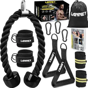 Tricep Rope Attachment For Cable Machine, 35" Triceps Pull Down Rope Attachments For LAT Pulldown, Home Gym Accessories Set with Resistance Bands Handle, Ankle Straps, Carabiner, Wrist Wraps for Exercise