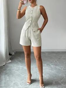 2-Piece Striped Vest & Shorts Set - French Lazy Style Waist-Cinching & Figure-Flattering | Blazer Silhouette For Women’s Daily Commute / Casual Getaways