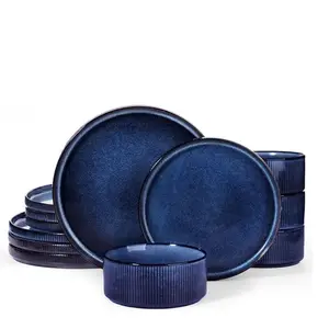 Famiware Star 12 Piece Dinnerware Sets, Plates and Bowls Set For 4, Double Reactive Glaze Dishwasher Safe and Microwave Safe