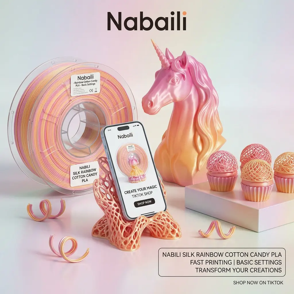 Nabaili Silk Rainbow PLA 3D Printer Filament, Fused Deposition Modeling 3D Printing Supplies, Candy-Themed, Fast Printing Performance, Basic Settings Compatibility, Ideal for Creative Projects