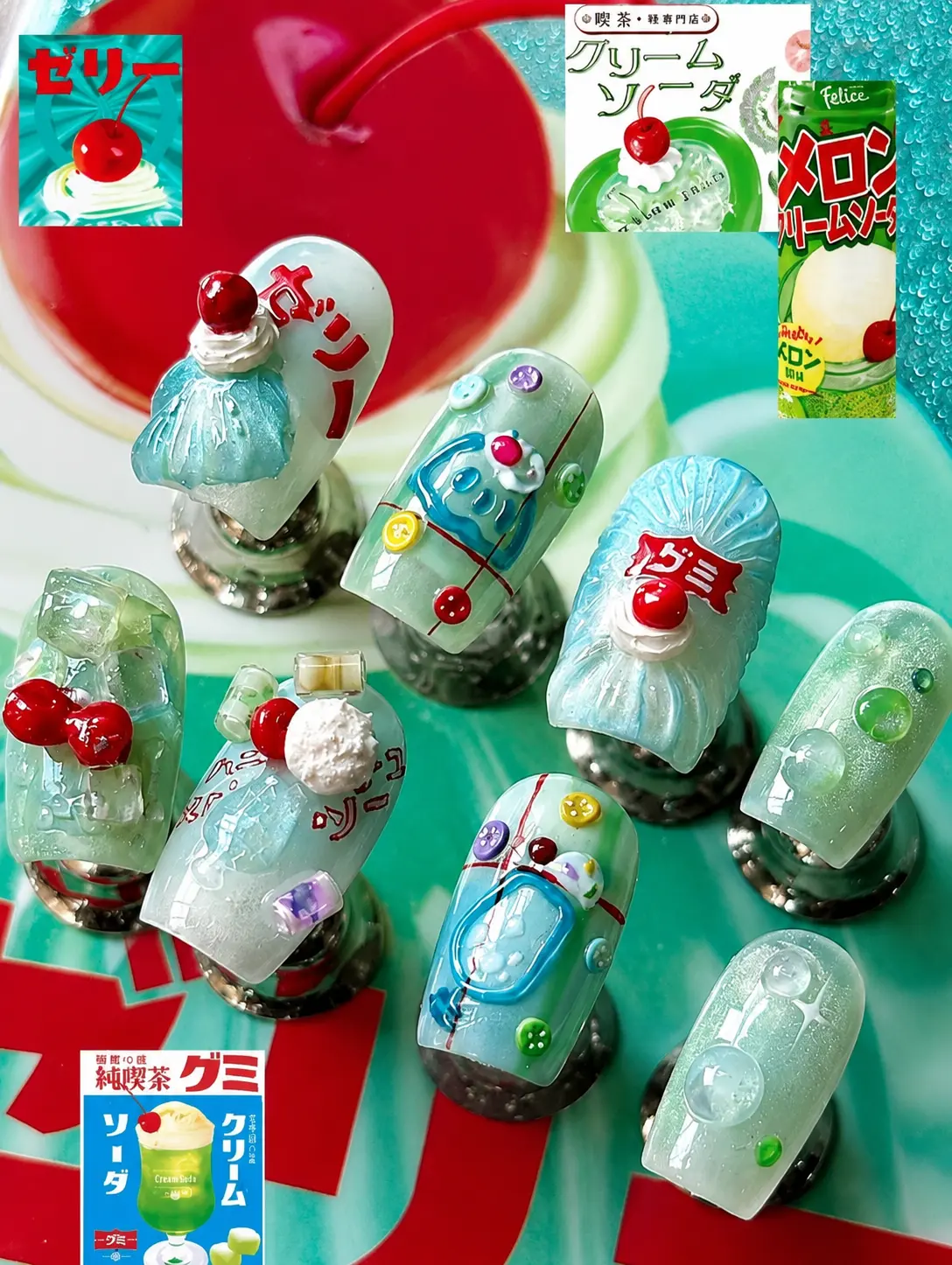 Japanese Retro Cream Soda Press-On Nails – 3D Melon Soda, Cherry Jelly & Whipped Cream Nail Art, Showa Kawaii Style | Free Adhesive Tabs, Nail File, Cuticle Stick| FREE Adhesive Tabs  Nail File Cuticle Stick