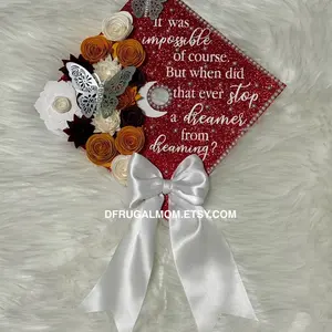 Graduation Cap Decor - Handmade Cap Topper with Glitter Cardstock, Paper Flowers & Rhinestones, Customizable Message, 9.5x9.5" Size