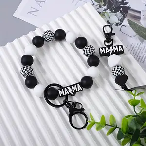 【Quick delivey】 2pcs Mama Lightning Silicone Keychains - Checkered Bead Key Rings with Lobster Clasp, Black & White Chessboard Design Car Key Ornaments, Mothers Day Gift for Women, Playful Design | Perforated Beads
