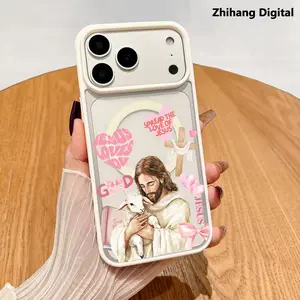 Supports Wireless Charging Magnetic Phone Case for iPhone 17  Pro Max Air 16 Plus 15 14 13 12 11 Christianity Jesus Pattern Non-Yellowing Shockproof Soft Silicone Transparent Acrylic Cover