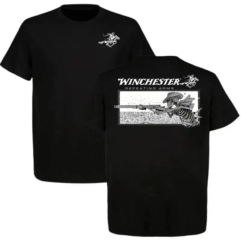 Winchester Repeating Arms T-Shirt, Skeleton Cowboy Graphic Tee, Vintage Western Hunting Shirt, Gift for Cowboy Fans, Unisex Cotton Fabric Tee for Men & Women, Womenswear Menswear Top