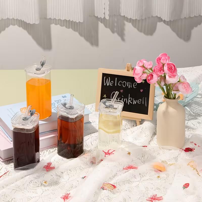 Nifogo Glass Cups with Lids & Straws, 8 Sets Square Ribbed Drinking Glasses with Lids, Clear Highball Tumblers for Cocktail, Coffee, Juice, Beer, Modern Mixed Drinkware Jars(13oz)