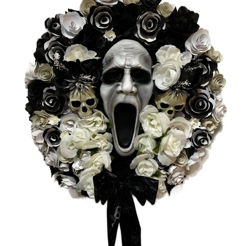 Scary Mask Handcrafted Paper Floral Wreath with White and Black Roses Skull Bow & Artificial White Flowers for Halloween Decor