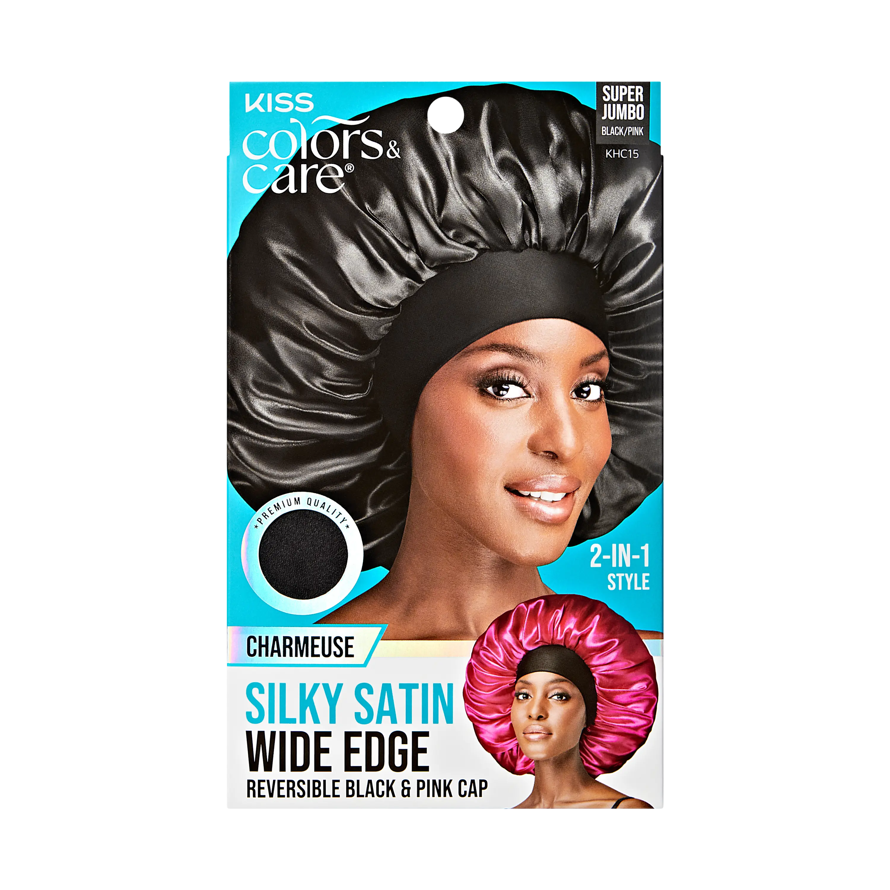 Kiss Colors & Care Silky Satin Double Wear Bonnet Cap - Black | Reversible, Silk Bonnet, Sleep Bonnet, Super Jumbo, Hair Accessories
