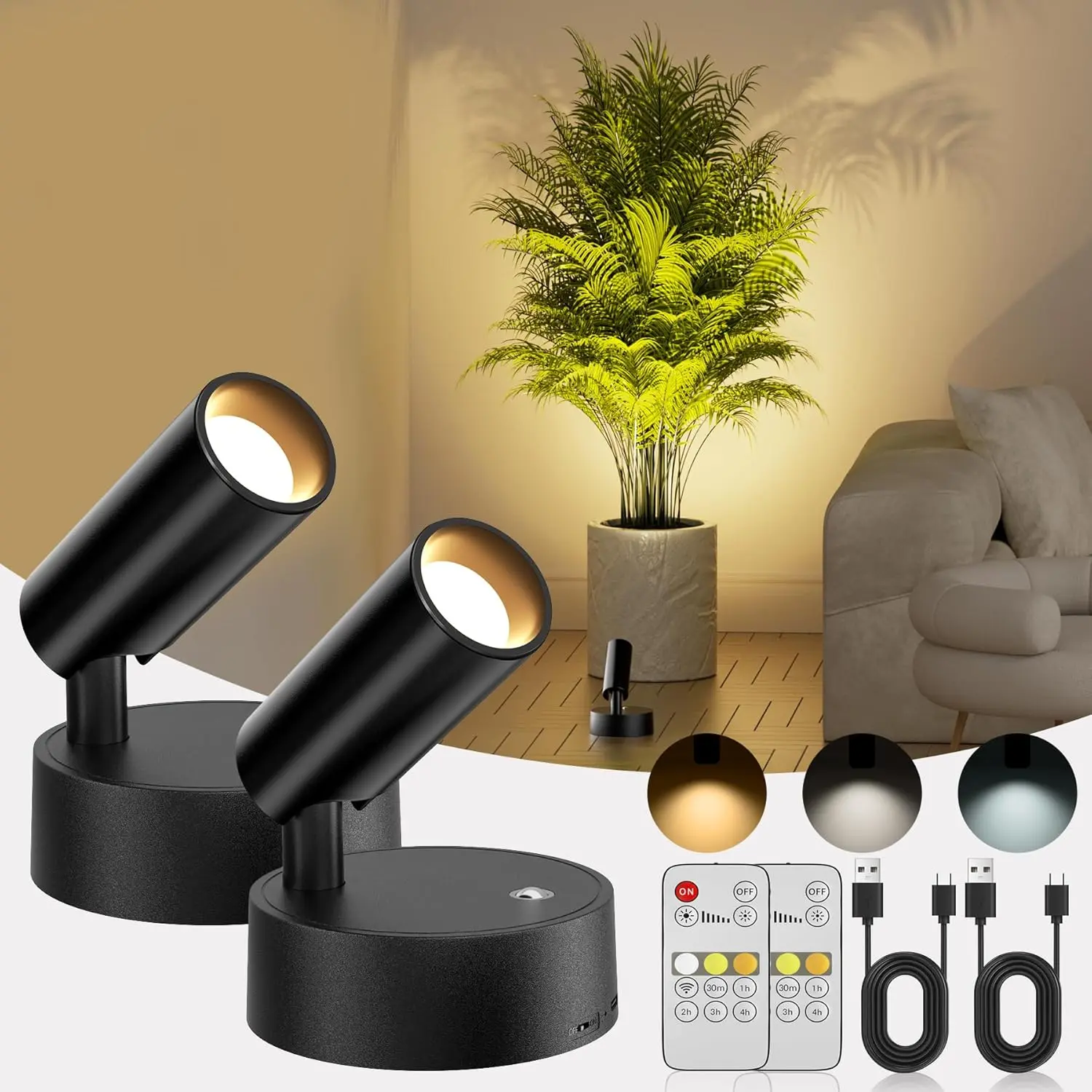 Chunting 2-Pack Mini LED Spotlight Floor Lamps & Torchieres, Remote Control & Touch Dimmable, 3CCT, 5500mAh Batteries, Timer, for Painting & Wall Lighting, Indoor Home Improvement Solution