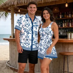 Blue And White Floral Porcelain Botanical 2026 Vacation Couple Set Dress and Shirt Hawaii, Matching Outfits For Him Her, Summer Honeymoon | 060426.R3053.ID00