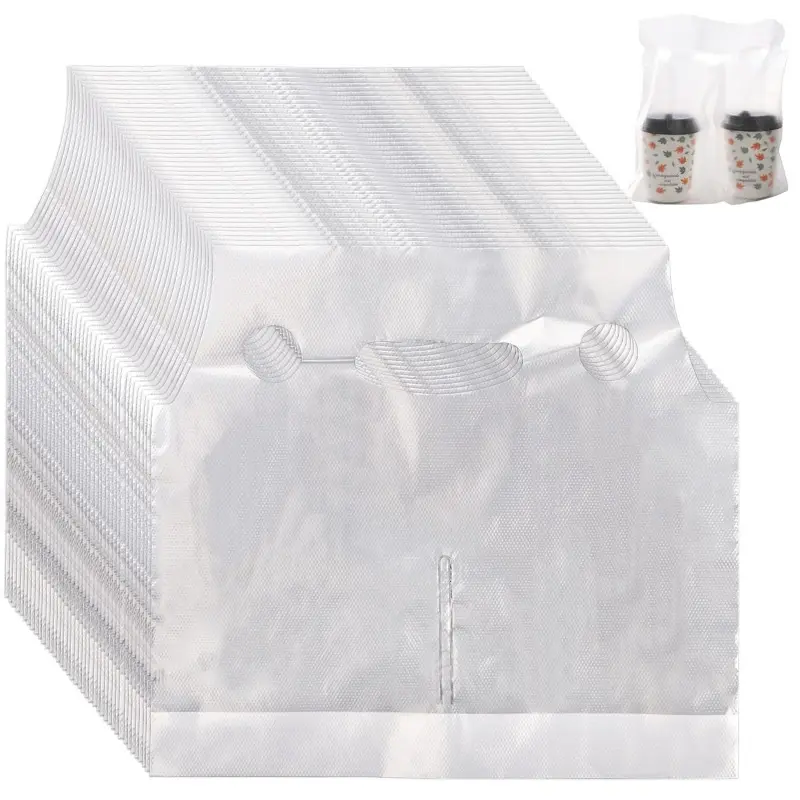 200 Pack Handle Drinking Poly Bags, Clear Plastic Packaging Bags for Delivery, 12" L x 11" H Hanging Hole Cup Carrier with Handle for Take Out, Beverage, Coffee, Juice, Stores, Hold 2 Cups
