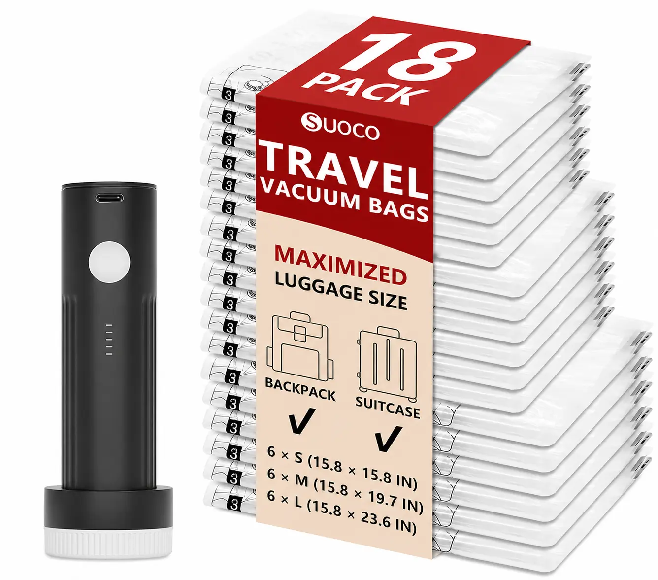 Suoco Cordless Travel Vacuum Storage Compression Bag Set - USB Rechargeable Handheld Pump with Built-In Battery, Waterproof Reusable Space Saver, Airplane Travel Accessories for Clothes Packing & Carry-On Suitcases