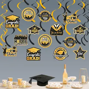 20 Pack Graduation Party Decorations 2024 - Congrats Grad Hanging Decoration, Black Gold Glittery Graduation Hanging Swirls Ceiling Streamers Ornaments for Class of 2024 Graduation Decorations Favors