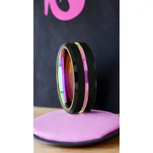 "EQUINOX" Tungsten Carbide Ring - Black w/ Rainbow (Pride Ring)