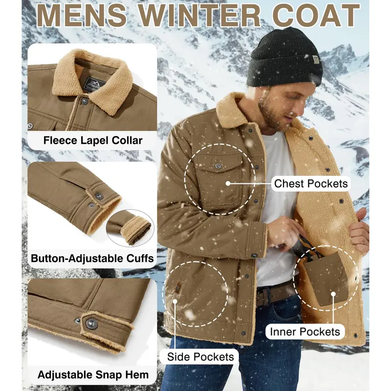 MAGCOMSEN Men's Fitted Sherpa-Lined Soft Cotton Fleece Windproof Trucker Cargo Jacket - Button-Front, Long-Sleeve, Warm Multi-Pocket Collared Coat for Hiking, Casual Outdoor Menswear Tops (Khaki Beige)