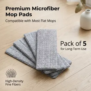 5 Pack Premium Microfiber Mop Pads, High-Density Washable Replacement Heads, Lint-Free & Absorbent Refills Compatible with Most Flat Mops for Hardwood, Tile & Home Floor Cleaning