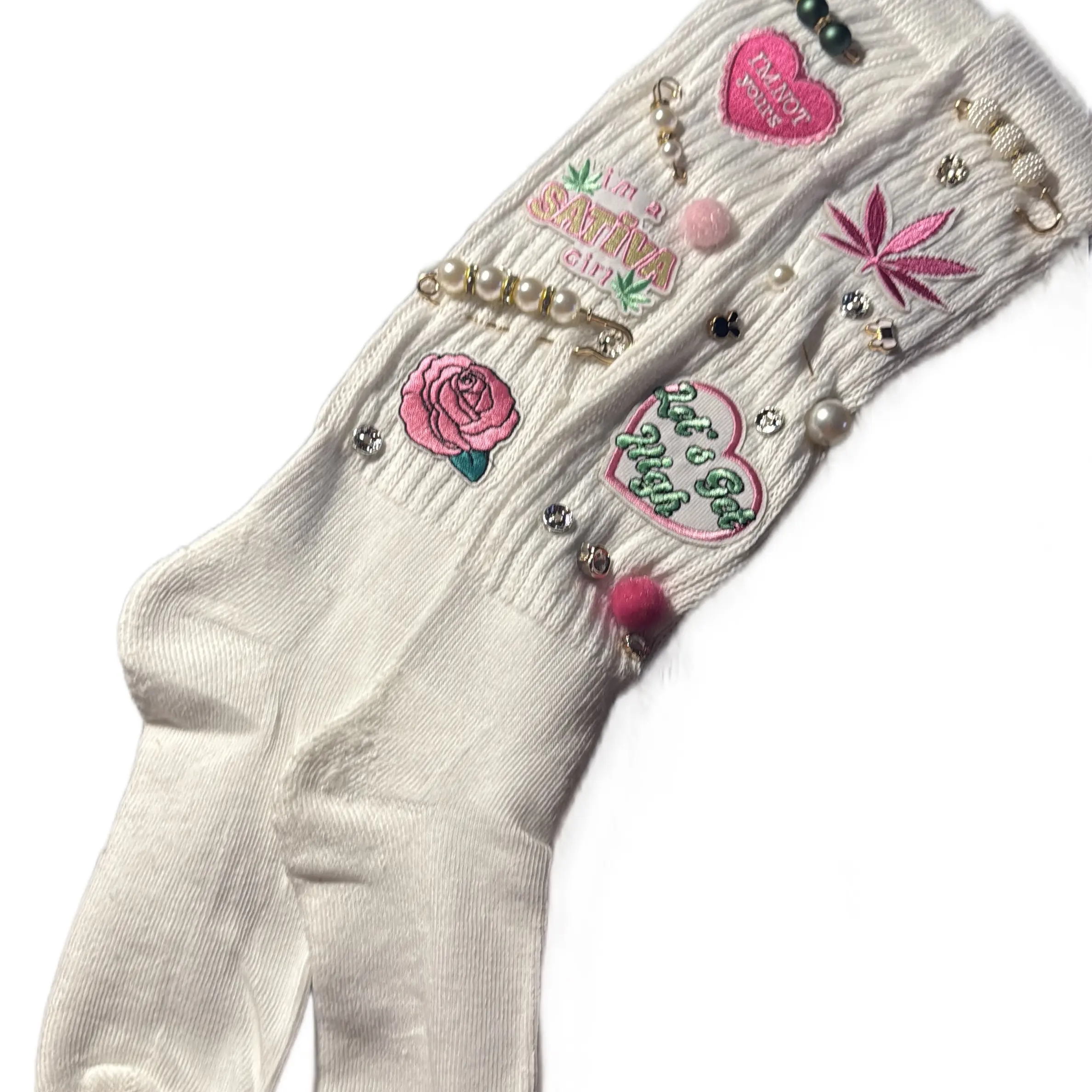 Canna theme Custom Design Slouch Socks with Charms and Personalized Letters Comfort Fashion Accessories Trendy Junk Style White Color Womenswear Statement