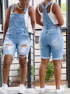 Y2K Distressed Denim Overalls - Adjustable Straps & Oversized Pockets W/ Asymmetric Rips Ripped| Edgy Streetwear Jumpsuit Casual  For Women