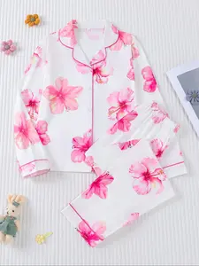 Children's pink floral print two-piece pajamas set, Pajama lounge sets, autumn and winter flame retardant collar cardigan long sleeve long pants daily clothing, suitable for children age