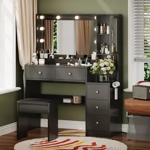 Vanity Desk with Mirror and Replaceable Lamp 5 Storage Drawers Power Outlet & Chair with RGB Ambient Light Adjustable Brightness for Girls Bedroom Large Corner Makeup Vanity Desk White Black Valentine's Day Gifts for Women Girls