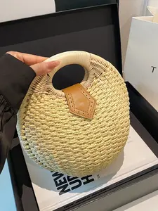 Vintage Multicolor Round Straw Handbag, Wooden Ring Handle Leather Patchwork Beach Bag, Essential Small Bag for Vacation
