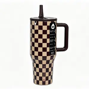 HydroJug 40oz Traveler Brown Checkered Pattern Stainless Steel Straw Insulated Ice Cup, Large Capacity Thermal Tumbler with Handle, Stylish Heat-Resistant Coffee Travel Mug, Perfect for Travel, Home, Office and Outdoor Use