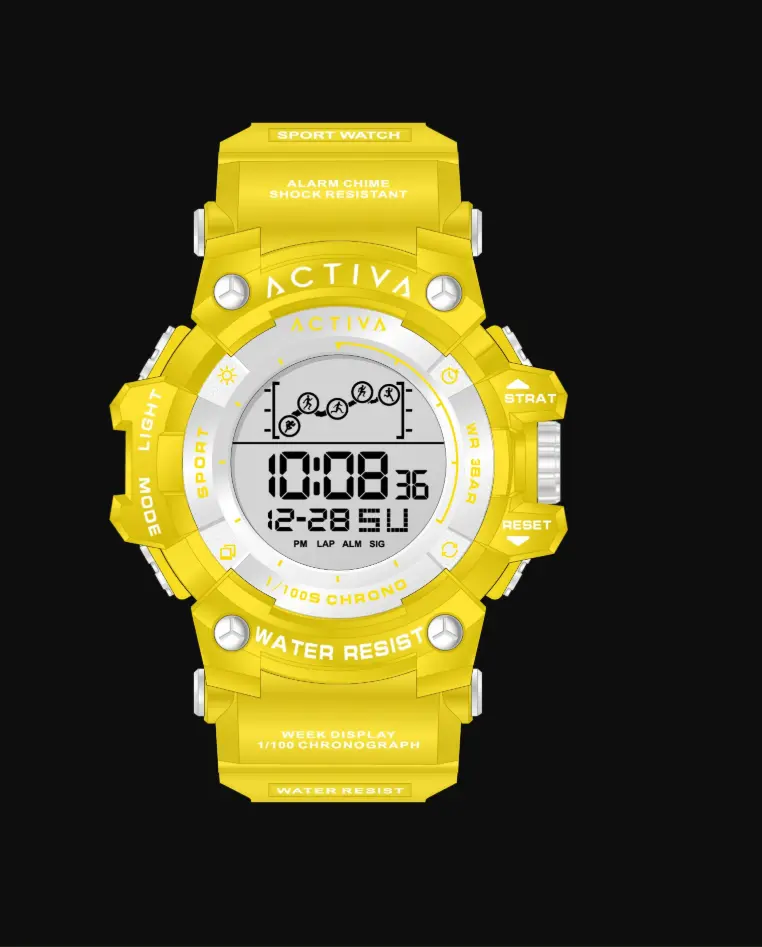 ACW8082-028 - Activa Digital Essentials Unisex 50mm Yellow Tone Case Black+White Plastic Dial Yellow Band Electronic Digital