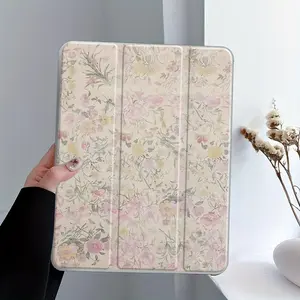 Vintage Floral Pattern Tablet Case, Clear Acrylic Protective Case with Pencil Holder, Auto Wake/Sleep Tablet Protective Cover for iPad, Tablet Casing