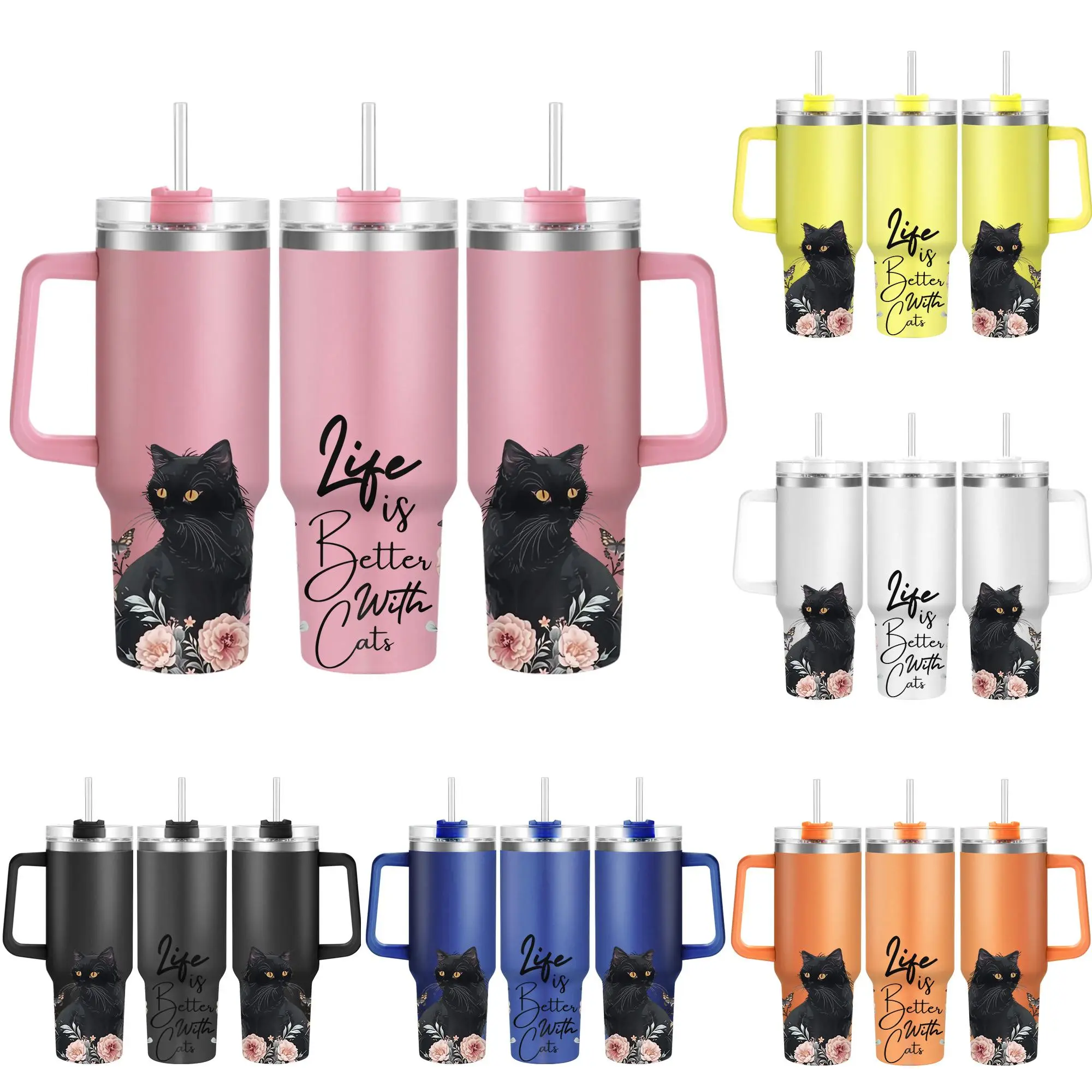 Cat Pattern Tumbler with Lid, 1 Count 40oz Stainless Steel Water Bottle with Straw & Handle, Life Is Better with Cats Funny Print Water Bottle, Gift for Cat Lover, Drinkware