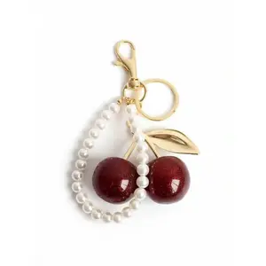 1pc Chic Cherry & Pearl Keychain With Sparkling Resin Pendant  - Alloy, C-Hook Closure For Women's Wallets & Bags ,Ideal Gift For Family, Friends, And Couples Valentine's Day Gift