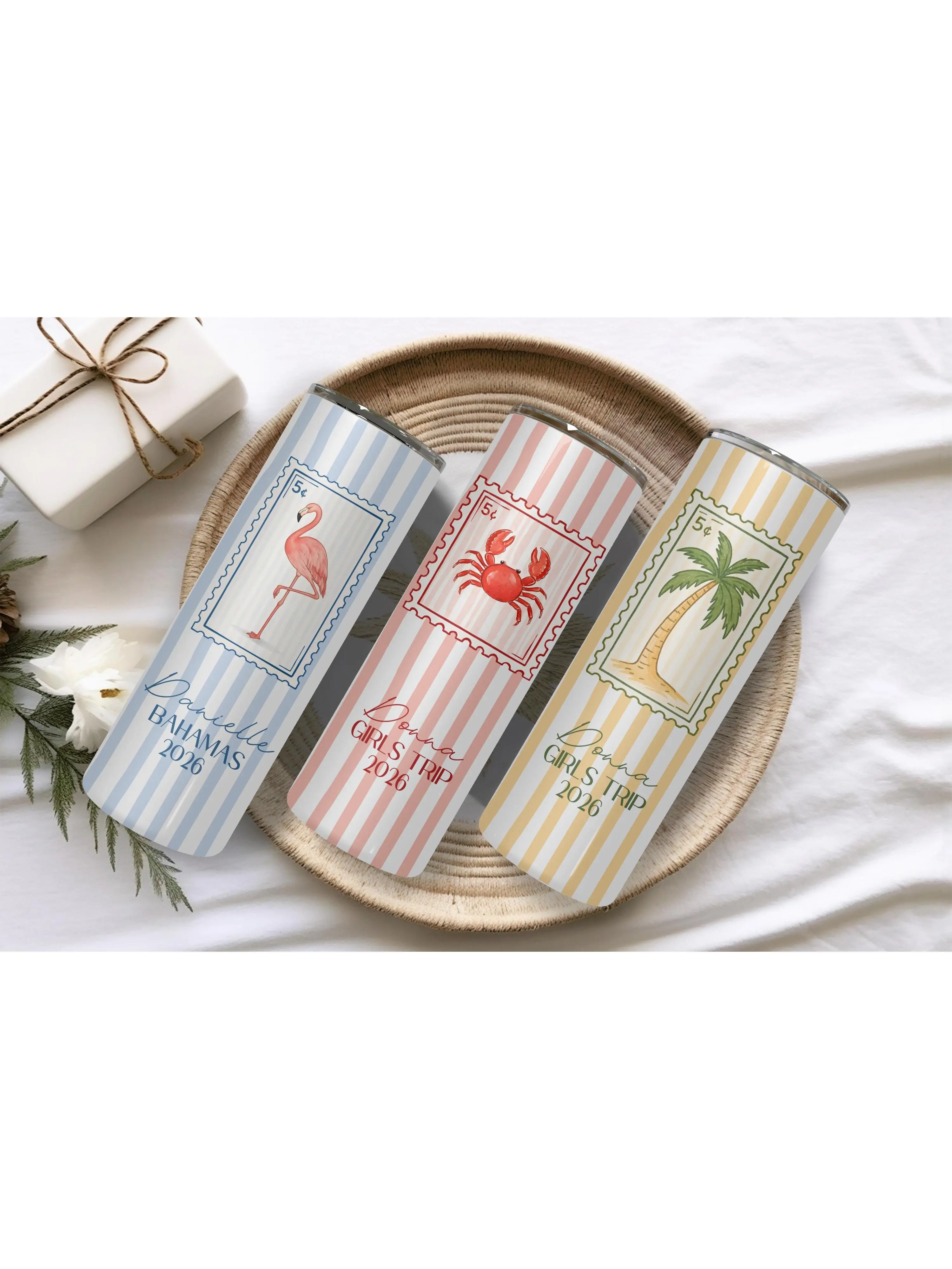 Personalized Girls Trip Tumbler, Custom Name Beach Vacation Cup, Retro Postage Stamp Travel Mug, Bachelorette Party Gift 2026