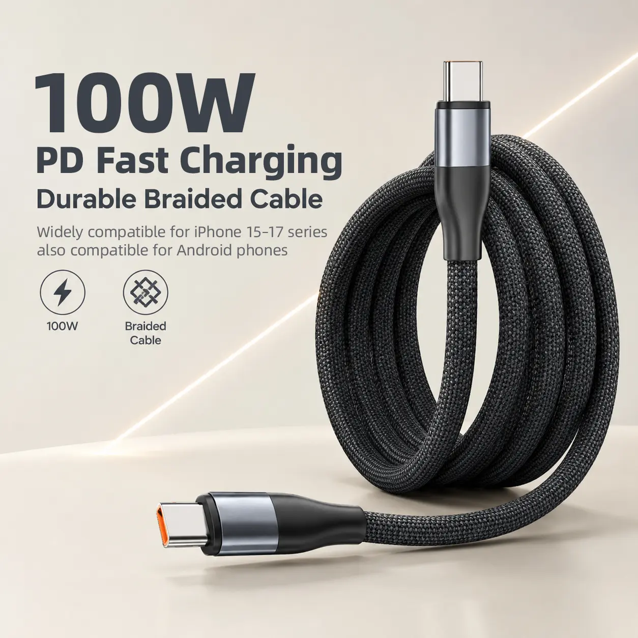 KAXOE 60W/100W USB-C to USB-C Fast Charging Data Cable, Type-C to Type-C, Fast Charging Reinforced Thickened Nylon Braided Data Cord for iPhone 15 16 17 18 Pro Max for iPhone Duo for iPhone Air 2 for Samsung S26 for Google