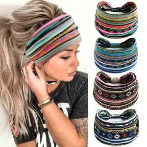 Set of 4 Pieces for Women – Multicolor Wide-Edge Sports Yoga Running Sweat-Absorbing Elastic Hair Bands with Knots, National Style
