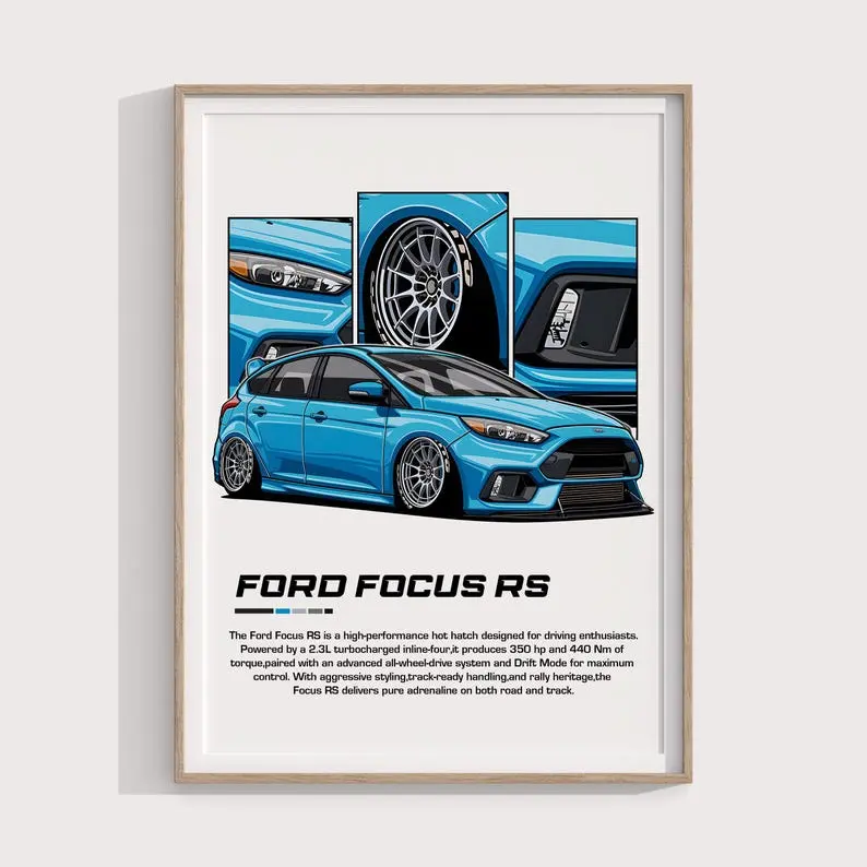 Ford Focus RS Poster | Digital Print Gift for Car Enthusiasts & Collectors | Performance Hatchback Wall Art and Garage Décor