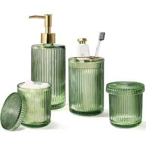 4-piece green glass bathroom accessory set, green bathroom set, soap dispenser and toothbrush holder set, cotton swab holder set, vintage bathroom sink set, cute bathroom decoration