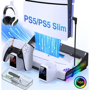 ESYWEN PS5 Stand and Cooling Fan Station with Dual Controller Charging Station for 2023 Playstation 5 Silm Console/PS5 Dualsense Controller/2020 PS5 Digital/Disc Edition Console,with Wall Mount&Desktop Modes