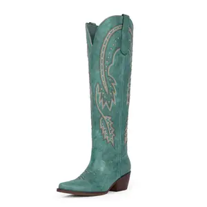 [QIY]Cowboy Boots for Women Knee High Women Rhinestone Cowgirl Boots Pointed Toe Slip on Chunky Heel Western Boot
