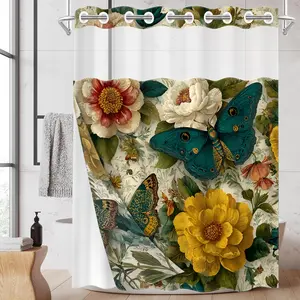 1pc hookless shower curtain with snap fastener, retro butterfly flower 2D flat printing, fabric waterproof inner lining shower curtain with transparent window double-layer curtain, Shower Curtain Liner, 71 x 74 inches, modern home curtain decoration