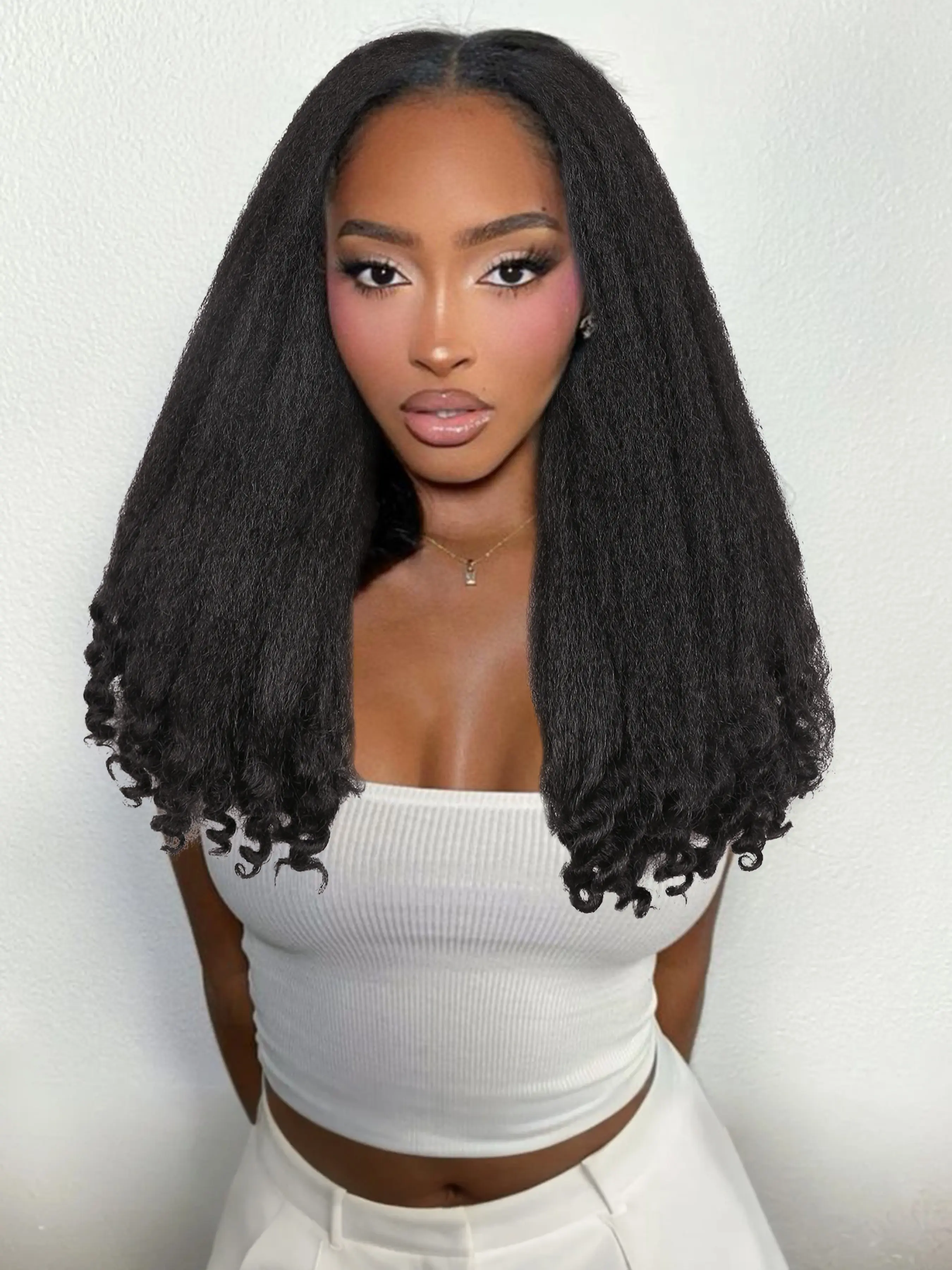 Natural Afro Curly U/v Part Wig, Bouncy Curls, Synthetic Kinky Straight, Glueless Hair Wig, Clip-In Half Wig for Women, Parties, Halloween, Cosplay, Kinky Straight Wigs
