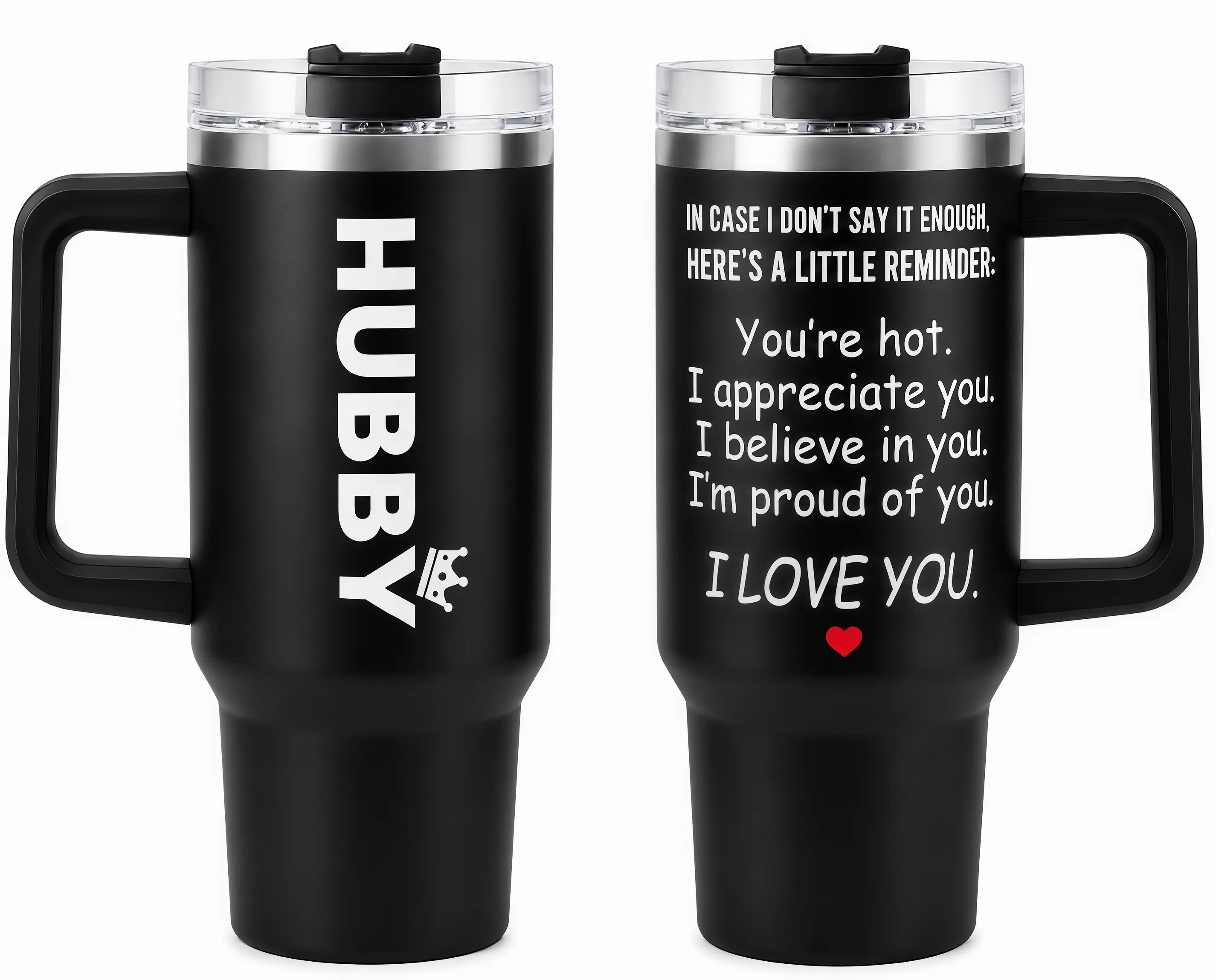 Hubby Gift 40oz Tumbler with Handle and Straw Insulated Stainless Steel Water Bottle Romantic Husband Birthday Anniversary Gifts from Wife Black