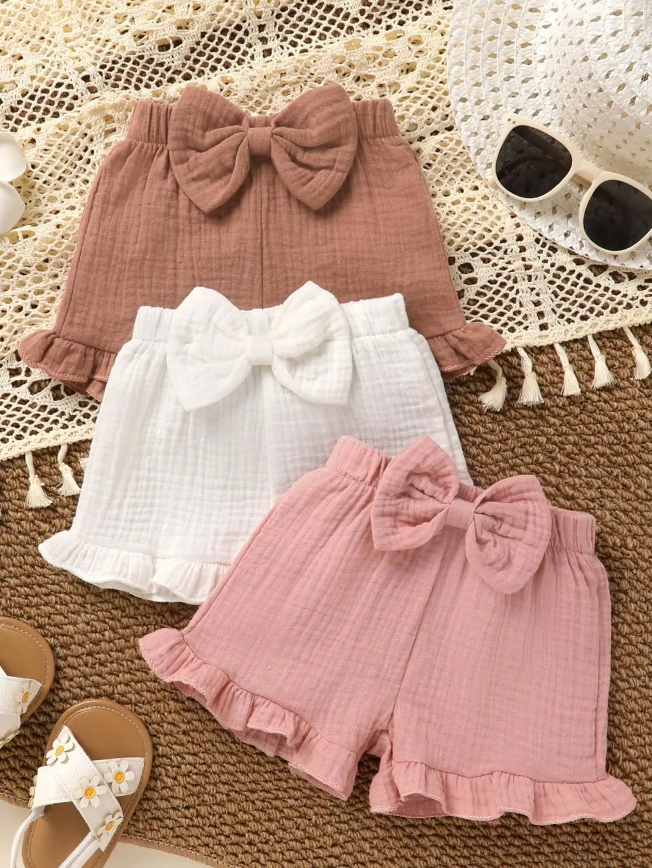 3Pcs,Baby Girl Clothing,Soft,comfortable,Casual,elegant,cute,Simple and versatile cotton shorts with bow decoration,ruffled hem, and elastic waist,Baby stuff,Toddler girls clothes,summer for everyday wear,vacations,photo shoots,outdoor activities