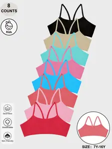 8-Pack Cute Multicolor Girls' Camisole Bras, Comfortable and Safe for Ages 7-14, Breathable Soft Fabric for All Seasons