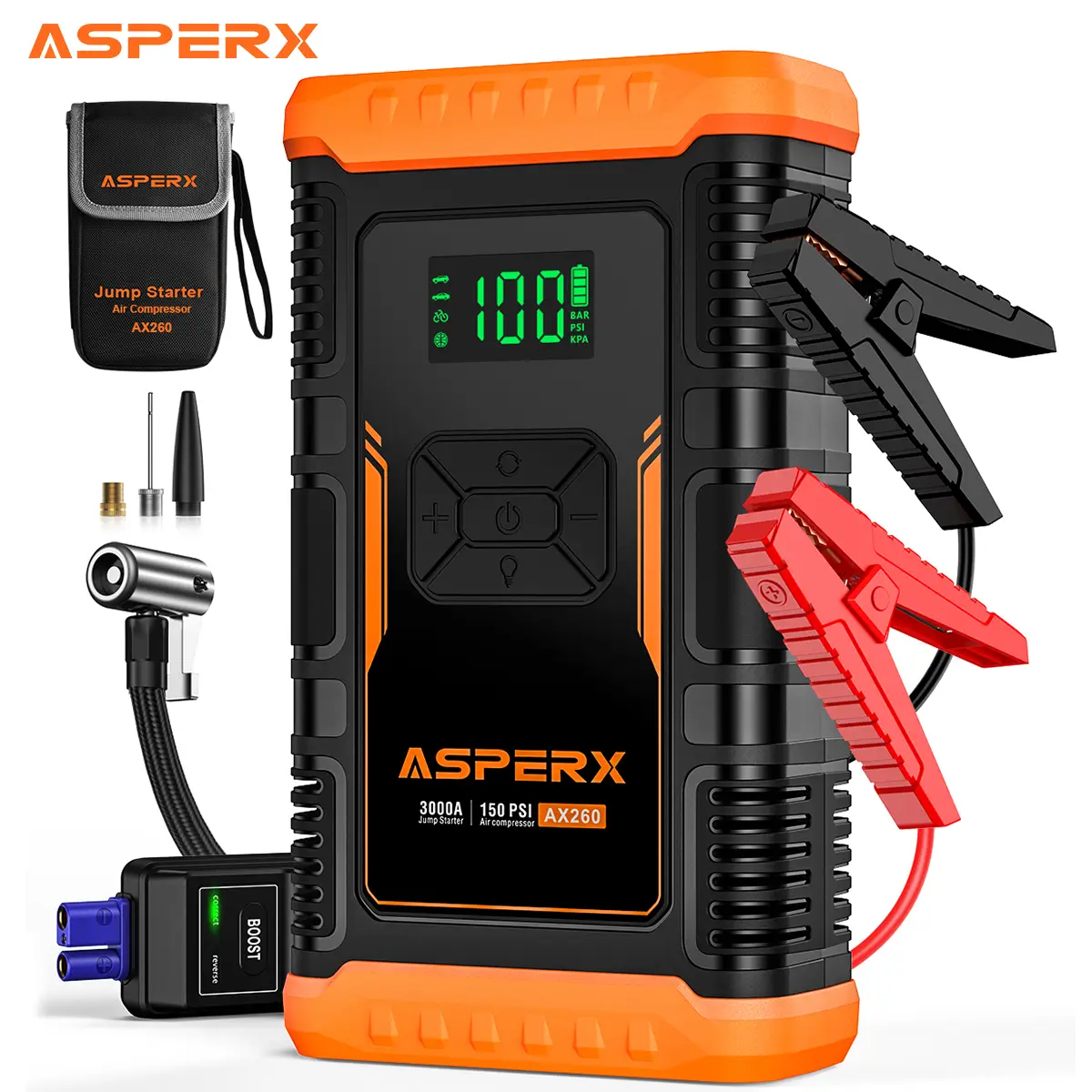 AsperX AX260 Jump Starter with Air Compressor, 3000A/150PSI Car Battery Jump Starter, 12V Jumper Box Portable with Tire Inflator for Truck, Vehicle