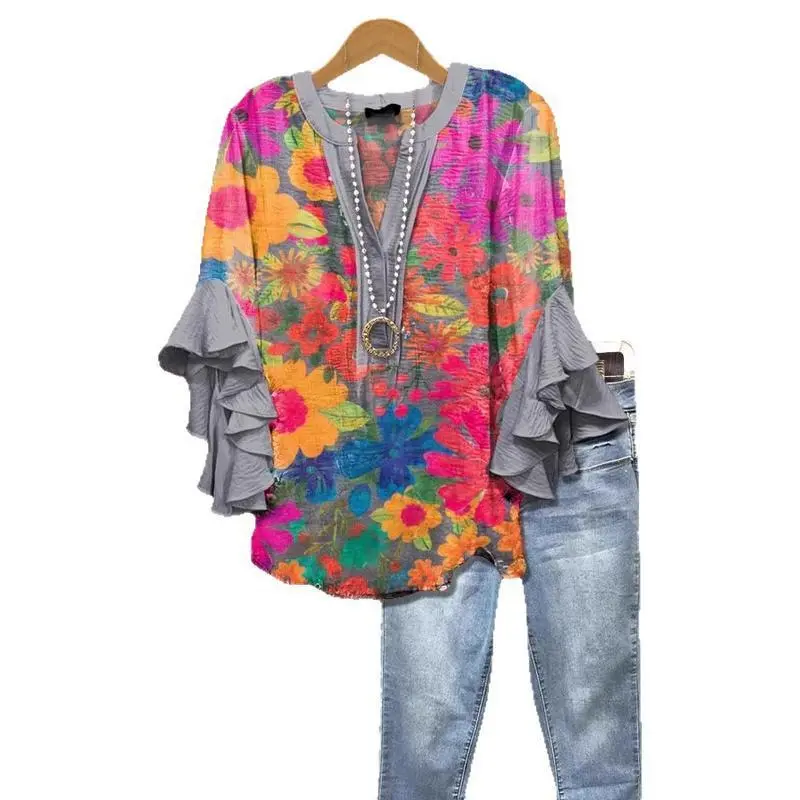Lady's Classic Fit Full Sleeve Bohemian V-Neck Blouse, Stretch Fabric 3D Digital Print Ruffle Casual Shirt for Women (Sports & Outdoor Style Compatibility)