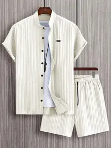 2 Men's Letter Patched Button Front Shirt & Elastic Waist Shorts Set, Casual Regular Fit Short Sleeve Stand Collar Top & Pocket Drawstring Waist Shorts, National Day Clothing, Two Piece Outfits for Summer, Matching shorts set, Menswear