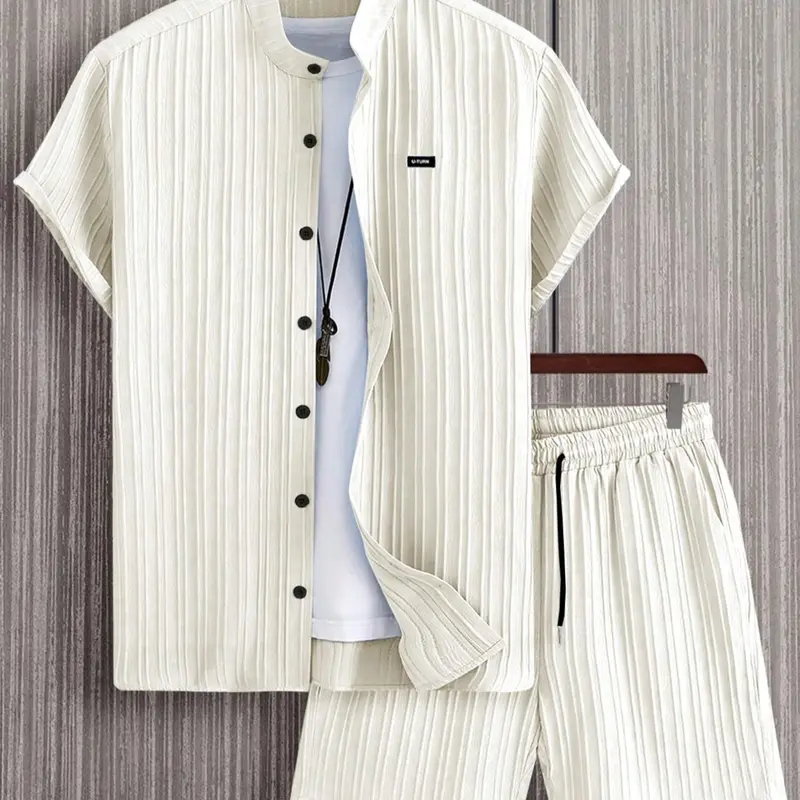 Men's Patched Button Front Shirt & Elastic Waist Shorts Set, Casual Regular Fit Short Sleeve Stand Collar Top & Pocket Drawstring Waist Shorts, Two-Piece Set for Summer, Matching Outfits Set, Menswear