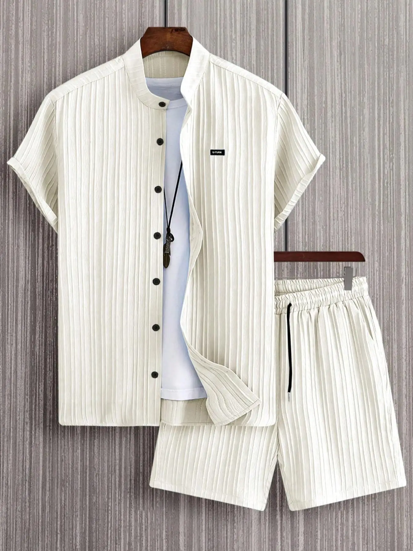 2 Counts Men's Letter Patched Button Front Shirt & Elastic Waist Shorts Set without Tee & Necklace, Casual Regular Fit Short Sleeve Stand Collar Top &