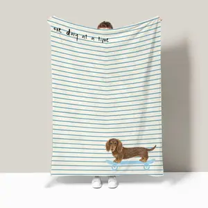 Mint Stripes Dachshund Flannel Blanket Throws 40x50  In with Heart Pattern & Dachshund Design for Cozy Comfort