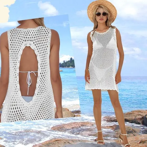 Women's Sleeveless Crochet Hollow Out Swimsuit Cover Up - Lightweight Breathable Mesh Knit Beach Dress, Trendy Design Bathing Suit Cover Up for Summer Vibes, White, Cover Ups